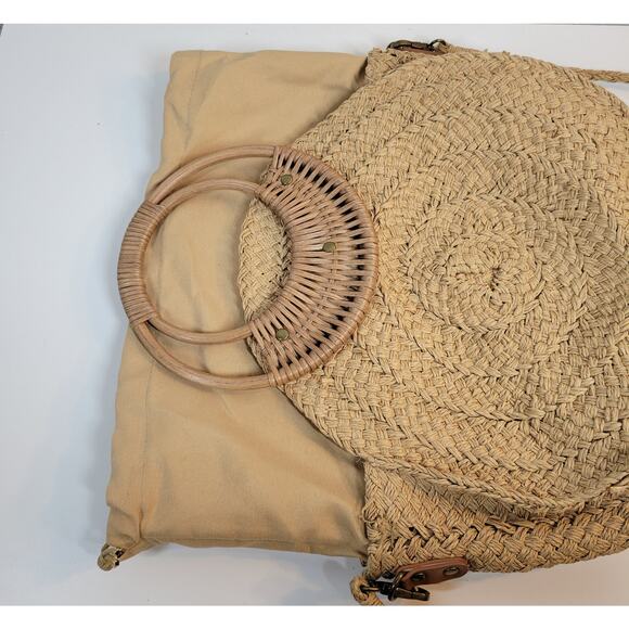 VINTAGE Woven Wooden Cinch Bag Brown Circle Handmade Rattan Summer‎ Beach Bag - Picture 10 of 14